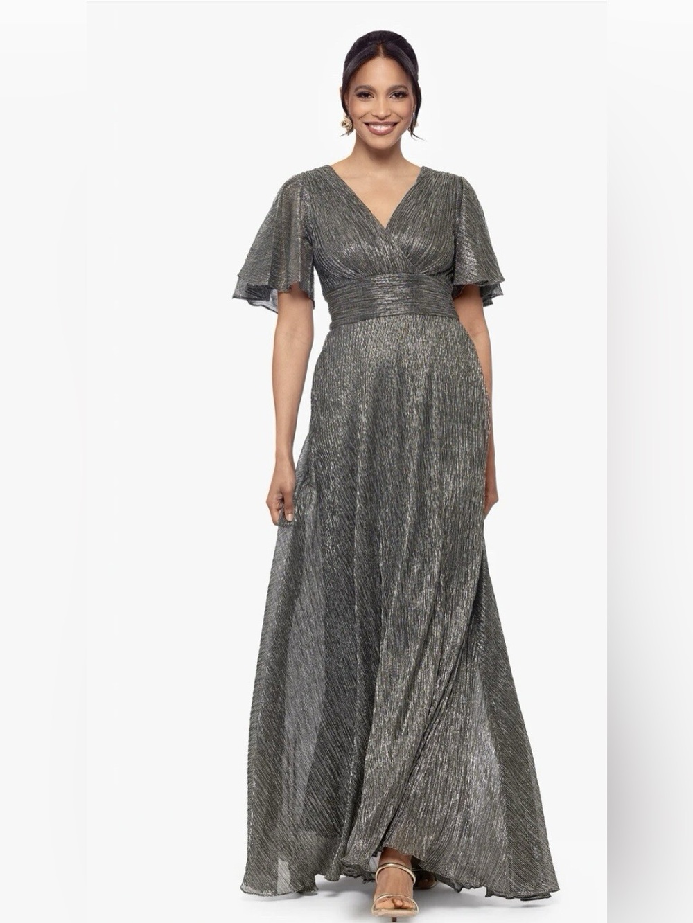 Betsy & Adam Metallic Silver V-Neck Maxi Dress